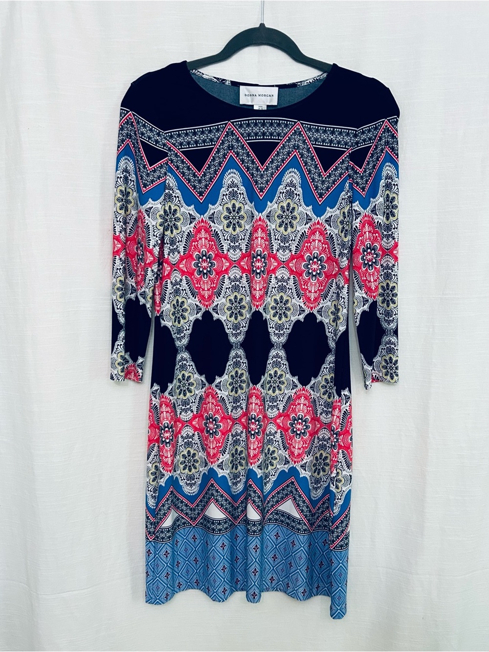 Donna Morgan Printed Navy & Coral Floral Midi Jersey Dress maximalist